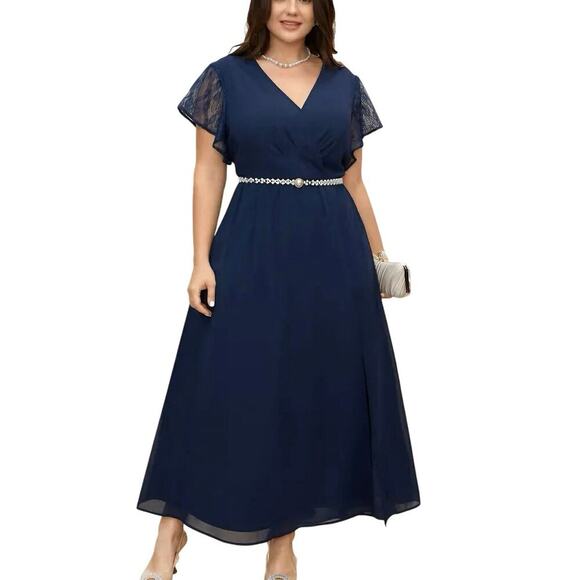 BloomChic Dresses & Skirts - BloomChic Plus Size 1X/14-16 Blue Lace Mesh Maxi Dress Flutter Sleeve NWT